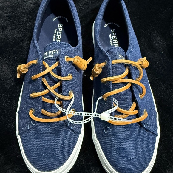 Sperry Navy Canvas Shoes with Brown Laces - Picture 1 of 4